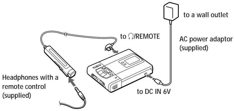 to a wall outlet AC power adaptor (supplied) to χ/REMOTE to DC IN 6V Headphones with a remote control (supplied)