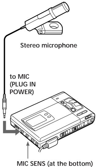 Stereo microphone to MIC (PLUG IN POWER) MIC SENS (at the bottom)