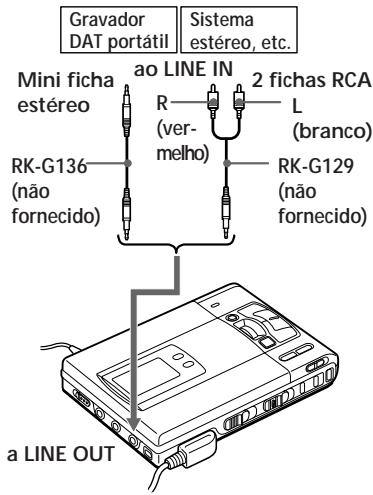Gravador DAT portátil Sistema estéreo, etc. Mini ficha estéreo ao LINE IN R (ver- melho) 2 fichas RCA L (branco) RK-G136 (não fornecido) RK-G129 (não fornecido) a LINE OUT