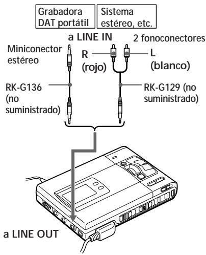 Grabadora DAT portátil Sistema estéreo, etc. Miniconector estéreo a LINE IN R (rojo) 2 fonoconectores L (blanco) RK-G136 (no suministrado) RK-G129 (no suministrado) a LINE OUT