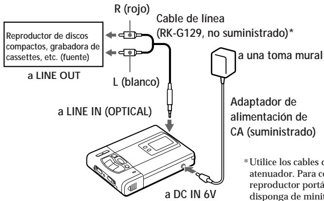 R (rojo) Cable de línea (RK-G129, no suministrado)* a LINE OUT L (blanco) a una toma mural a LINE IN (OPTICAL) Adaptador de alimentación de CA (suministrado) a DC IN 6V * Utilice los cables de atenuador. Para co- reproductor portá- disponga de minit