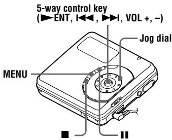 5-way control key (▶ENT, I◀◀, ▶▶I, VOL +, -) Jog dial MENU