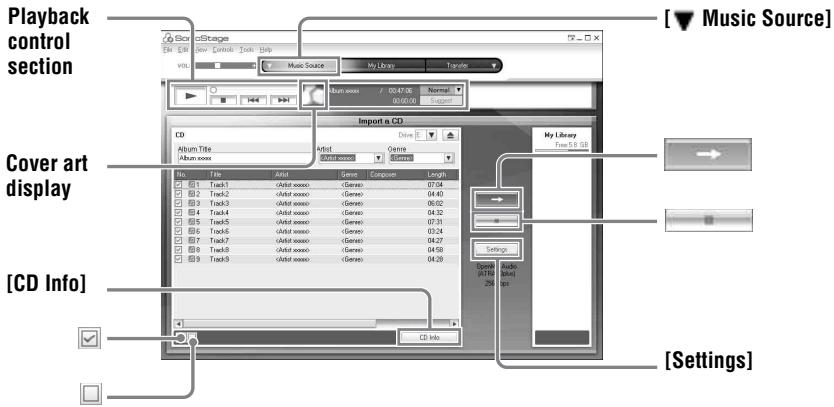 Playback control section [▼ Music Source] Cover art display [CD Info] [Settings]