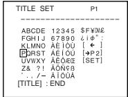 TITLE SET P1 ABCDE 12345 $F¥0£ FGHIJ 67890 ¿iφ': KLMNO AÉIÓU [←] PQRST AÉIÓU [→P2] UWWXY AÉÓÈE [SET] Z& ?! AÖÑÇB .. /- AÍÓÜA [TITLE] :END