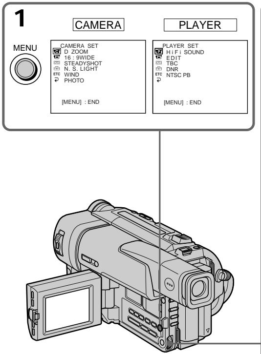 1 CAMERA PLAYER MENU CAMERA SET D ZOOM 16 : 9WIDE STEADYSHOT N. S. LIGHT WIND PHOTO [MENU] : END PLAYER SET Hi Fi SOUND EDIT TBC DNR NTSC PB [MENU] : END