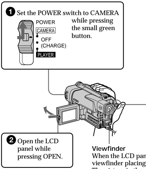 ① Set the POWER switch to CAMERA while pressing the small green button. POWER CAMERA OFF (CHARGE) PLAYER ② Open the LCD panel while pressing OPEN. Viewfinder When the LCD pan viewfinder placing