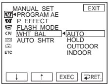 MANUAL SET PROGRAM AE P EFFECT FLASH MODE WHT BAL AUTO HOLD AUTO SHTR OUTDOOR INDOOR ETC ↓ ↑ EXEC RET. EXIT