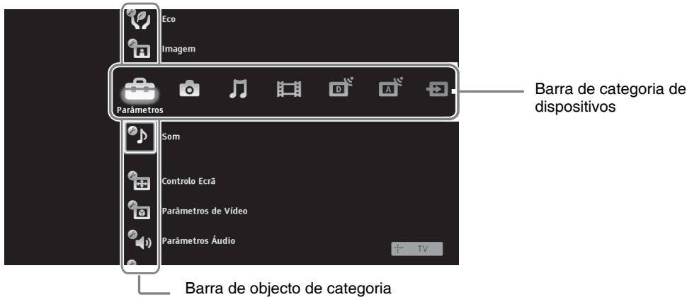 Eco Imagem Parâmetros Som Controlo Ecrã Parâmetros de Vídeo Parâmetros Áudio Barra de categoria de dispositivos Barra de objecto de categoria