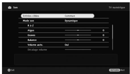 Son Entrées cibles Commun Mode son Dynamique R à Z Algus 0 Graves 0 Balance 0 Volume auto. Oui Décalage volume Sél RETURN Ret TV numérique