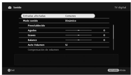 Sonido Entradas afectadas Comunes Modo sonido Dinámico Prestablecido Agudos 0 Graves 0 Balance 0 Auto Volumen Si Compensación de volumen Set RETURN Atrás TV digital
