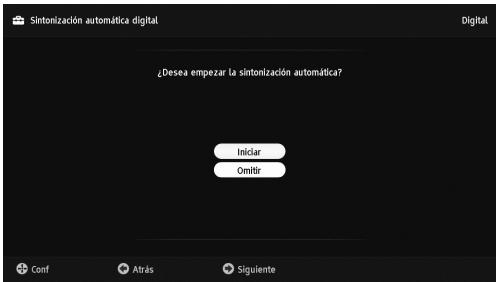 Sintonización automática digital ¿Desea empezar la sintonización automática? Iniciar Omitir Conf Atrás Siguiente
