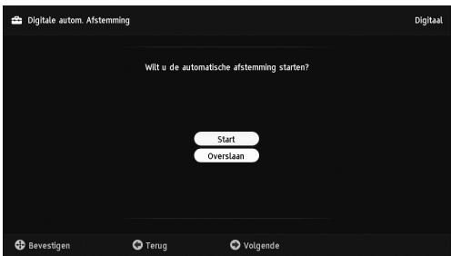 Digitale autom. Afstemming Wilt u de automatische afstemming starten? Start Overslaan Bevestigen Terug Volgende