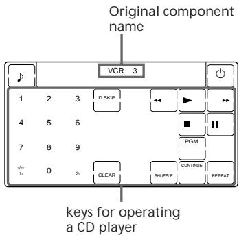 Original component name VCR 3 1 2 3 D.SKIP 4 5 6 PGM 7 8 9 0 CLEAR SHUFFLE CONTINUE REPEAT keys for operating a CD player