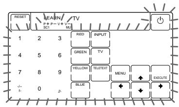 RESET EARN P+ P+ V+ V- SC1 ML TV 1 2 3 RED INPUT 4 5 6 GREEN TV 7 8 9 YELLOW TELETEXT MENU 0 1- EXECUTE BLUE