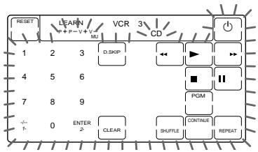 RESET LEARN VCR 3 CD 1 2 3 D.SKIP 4 5 6 7 8 9 0 ENTER CLEAR SHIFTLE CONTINUE REPEAT