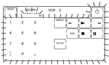 RESET LEARN VCR 3 P+P-V+ MU INPUT 4 5 6 REC 7 8 9 ANT SW 0