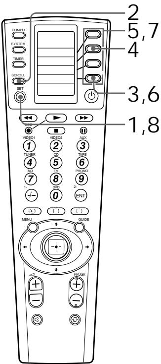 COMP3 SYSTEM TIMER SCROLL SET 2 5,7 4 3,6 1,8 VIDEO1 VIDEO2 AUX 1 TUNER CD TAPE 4 MD 5 TV 6 7 PHONO 9 1- DVD 2 ENT MENU QUICKER + - + + - - - OK
