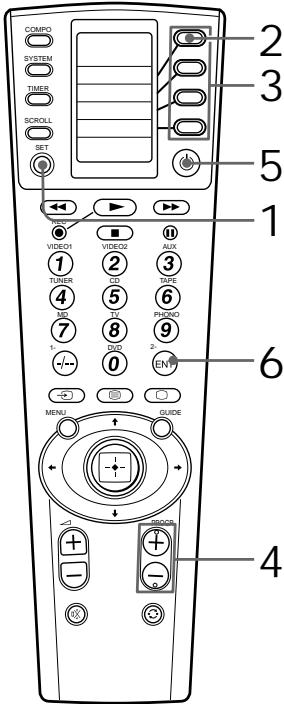 COMPO SYSTEM TIME SCROLL SET 2 3 5 1 VIDEO TUNER 4 6 7 1- 0 AUX 3 TAPE PHODO 9 2- ENT 6 MENU GUIDE 4 + - + -