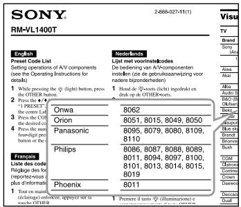 SONY. RM-VL1400T 2-808-027-11(1) English Preset Code List Setting operations of AV components (see the Operating Instructions for details) 1 While pressing the @ (light) button, press the OTHER button. 2 Press the @/# 1 PRESSIT the core call Press the COI the desired to Press the unit base-digit pre button or list Français Liste des code Néglage des (reporter+visual plus d'information) 1 Test on main (crisings) testes appuyter sur la tanche ETHER Nederlands Liigt met voorinstellcodes De bedering van AV-componenten instellen (zie de gebruikstavanzwijzing voor nadere bijperdenheden) 1 Houd de «toise (light) indigrenden en drink op de OTHERs-eets. Onwa Orion Panasonic Philips Phoenix 8062 8051, 8015, 8049, 8050 8095, 8079, 8080, 8109, 8110 8086, 8087, 8088, 8089, 8011, 8094, 8097, 8100, 8101, 8013, 8014, 8015, 8019 8011 Premiere l'taste @ illuminatione e (See www.sina.com) Brand Sons: Ala Ala Ala Ala Ala Ala Ala Ala Ala Ala Ala Ala Ala Ala Ala Ala Ala Ala Ala Ala Ala Ala Ala Ala Ala Ala Ala Ala Ala Ala Ala Ala Ala Ala (See www.sina.com) BSCO ID BSCO ID BSCO ID BSCO ID BSCO ID BSCO ID BSCO ID BSCO ID BSCO ID BSCO ID BSCO ID BSCO ID BSCO ID BSCO ID BSCO ID BSCO ID BSCO ID BSCO ID BSCO ID BSCO ID BSCO ID