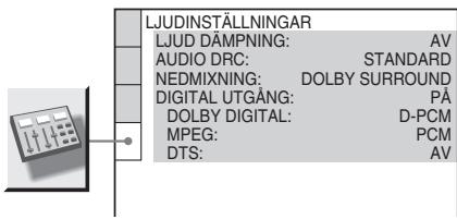 LJUDINSTÄLLNINGAR LJUD DÄMPNING: AV AUDIO DRC: STANDARD NEDMIXNING: DOLBY SURROUND DIGITAL UTGÅNG: PÅ DOLBY DIGITAL: D-PCM MPEG: PCM DTS: AV