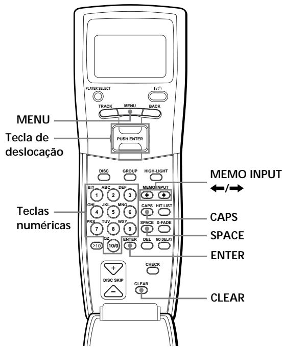MENU Tecla de deslocação Teclas numéricas DISC GROUP HIGH-LIGHT &? ABC DEF MEMO INPUT GH JKL MNO CAPS HIT LIST PRS TUV WXY SPACE X-FADE 7 8 9 DEL NO DELAY 10 10/0 CHECK + DISC SKIP CLEAR MEMO INPUT ←/→ CAPS SPACE ENTER CLEAR