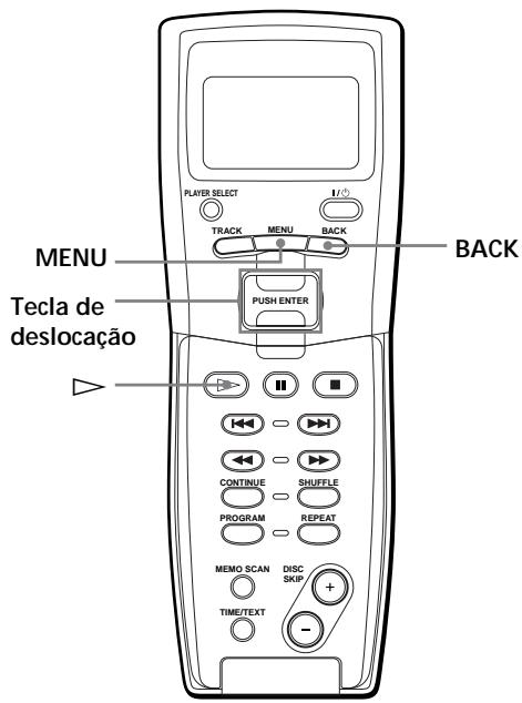PLAYER SELECT TRACK MENU BACK MENU TEcla de deslocação PUSH ENTER BACK CONTINUE SHUFFLE PROGRAM REPEAT MEMO SCAN DISC SKIP TIME/TEXT