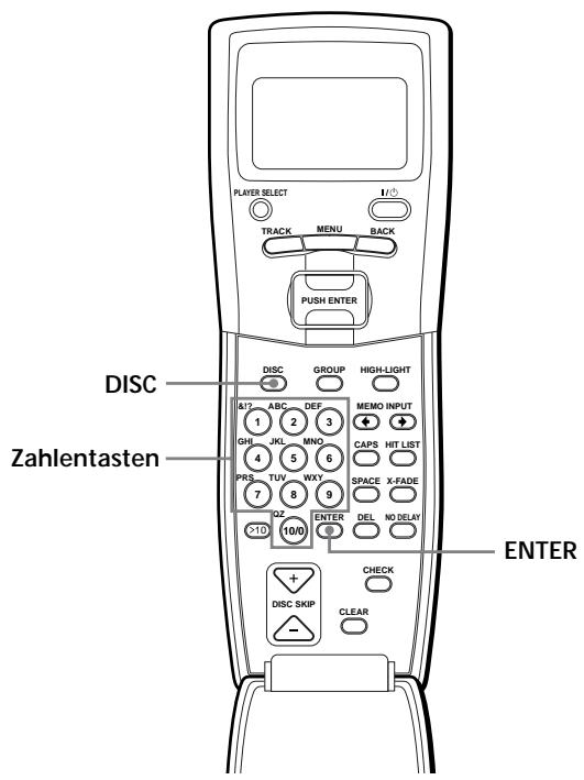 PLAYER SELECT I/10 TRACK MENU BACK PUSH ENTER DISC GROUP HIGH-LIGHT MEMO INPUT I/17 ABC DEF GHI JKL MNO 4 5 6 PRS TUV WXY 7 8 9 OX 10/10 DELA X-FADE ENTER CHECK DISC SKIP CLEAR Zahlentasten ENTER