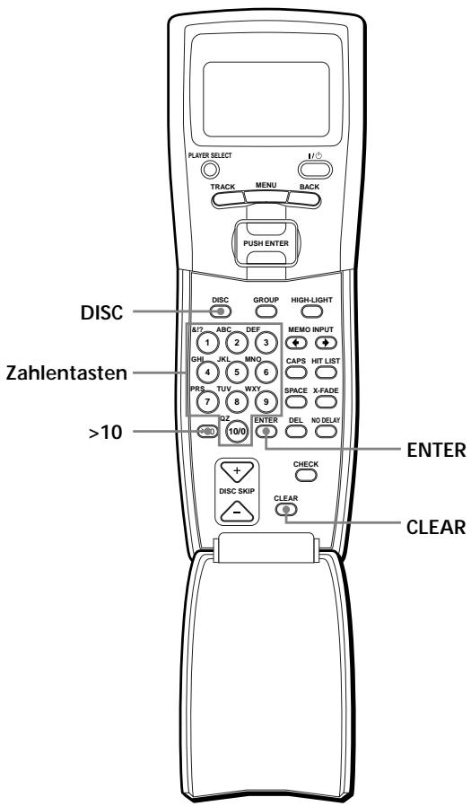 PLAYER SELECT I/O TRACK MENU BACK PUSH ENTER DISC GROUP HIGH-LIGHT B/7 ABC DEF MEMO INPUT 1 2 3 GHL JKL MNO CAPS HIT LIST 4 5 6 PRS TUV WXY SPACE X-FADE 7 8 9 10/0 ENTER DEL NO DELAY >10 DISC SKIP CHECK CLEAR ENTER Zahlentasten CLEAR