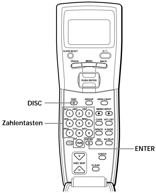 PLAYER SELECT 1/0 TRACK MENU BACK PUSH ENTER DISC GROUP HIGH-LIGHT 4/2 ABC DEF MEMO INPUT GHI JKL MNO CAPS HIT LIST PRS TUV WXY SPACE X-FADE 10Z ENTER DEL NO DELAY 100 Zahlentasten ENTER DISC SKIP CHECK CLEAR DISC
