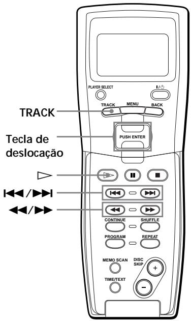 PLAYER SELECT 1/0 TRACK MENU BACK PUSH ENTER TEcla de deslocação CONTINUE SHUFFLE PROGRAM REPEAT MEMO SCAN DISC SKIP/ TIME/TEXT +