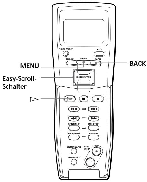 PLAYER SELECT I/O TRACK MENU BACK MENU PUSH ENTER BACK Easy-Scroll- Schalter CONTINUE SHUFFLE PROGRAM REPEAT MEMO SCAN DISC SKIP TIME/TEXT -