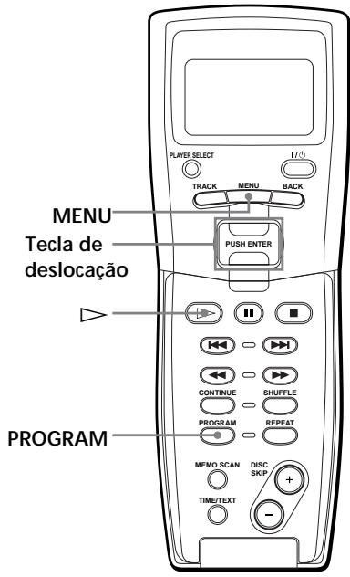 PLAYER SELECT 1/(1) TRACK MENU BACK MENU Tecla de deslocação PUSH ENTER PROGRAM CONTINUE SHUFFLE PROGRAM REPEAT MEMO SCAN DISC SKIP TIME/TEXT -