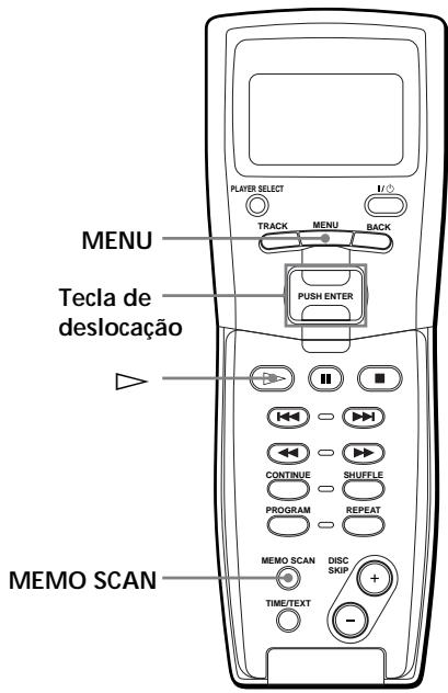 MENU Tecla de deslocação MEMO SCAN PLAYER SELECT 1/0 TRACK MENU BACK PUSH ENTER CONTINUE SHUFFLE PROGRAM REPEAT MEMO SCAN DISC SKIP TIME/TEXT +