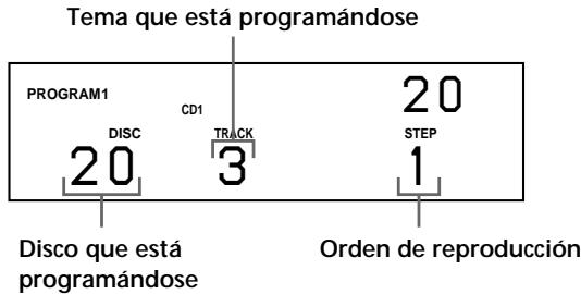 Tema que está programándose PROGRAM1 CD1 20 DISC TRACK 3 20 STEP 1 Disco que está programándose Orden de reproducción
