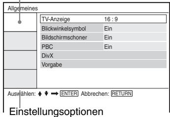 SONY DVP-FX875 - Drücken Sie auf ↑/↓, um eine der folgenden Optionen auszuwahlen: „Allgemeines“, „Toneinstellungen“, „Spracheinstellung“ oder „Kindsersicherung“. Drücken Sie anschließend auf ENTER. - 1