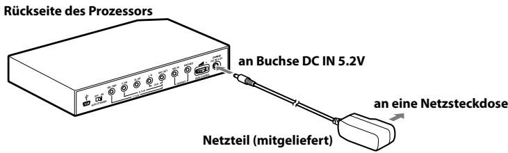 Rückseite des Prozessors an Buchse DC IN 5.2V an eine Netzsteckdose Netzteil (mitgeliefert)