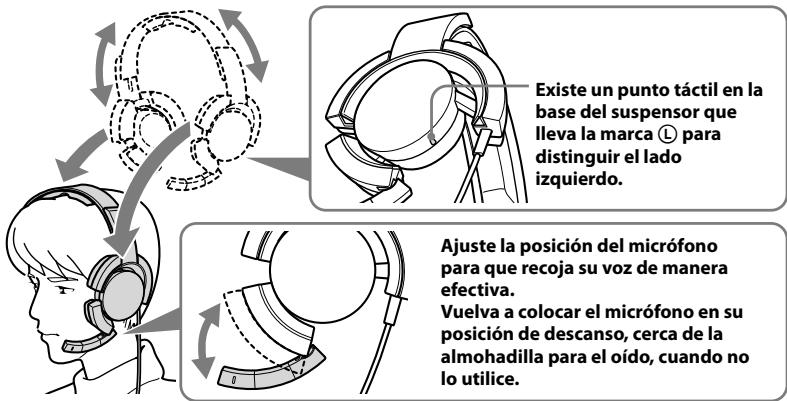 Existe un punto táctil en la base del suspensor que lleva la marca Ⓛ para distinguir el lado izquierdo. Ajuste la posición del micrófono para que recoja su voz de manera efectiva. Vuelva a colocar el micrófono en su posición de descanso, cerca de la almohadilla para el oído, cuando no lo utilice.