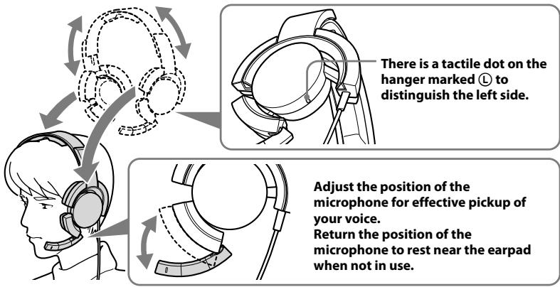 There is a tactile dot on the hanger marked Ⓛ to distinguish the left side. Adjust the position of the microphone for effective pickup of your voice. Return the position of the microphone to rest near the earpad when not in use.