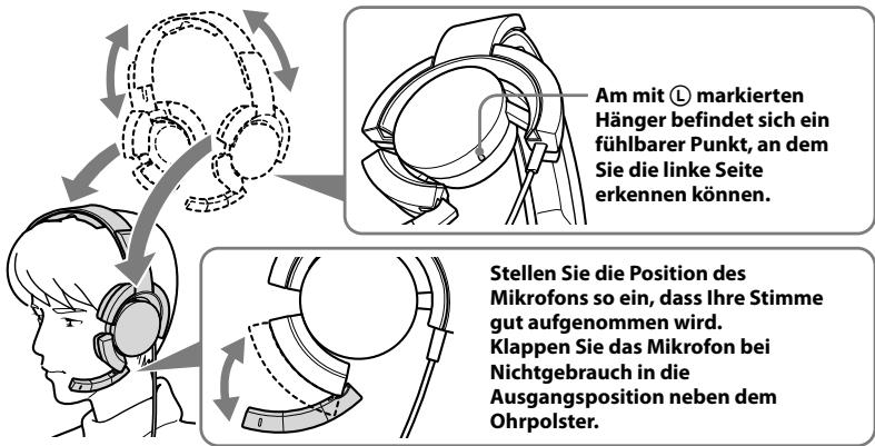 Am mit Ⓛ markierten Hänger befindet sich ein fühlbarer Punkt, an dem Sie die linke Seite erkennen können. Stellen Sie die Position des Mikrofons so ein, dass Ihre Stimme gut aufgenommen wird. Klappen Sie das Mikrofon bei Nichtgebrauch in die Ausgangsposition neben dem Ohrpolster.