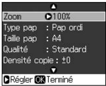 Zoom ▶100% Type pap : Pap ordi Taille pap : A4 Qualité : Standard Densité copie : ±0 ►Régler OK Terminé