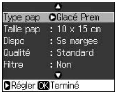 Type pap ▶Glacé Prem Taille pap : 10 x 15 cm Dispo : Ss marges Qualité : Standard Filtre : Non ▶Régler OK Terminé