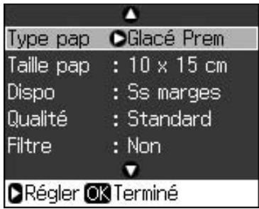 Type pap ▶Glacé Prem Taille pap : 10 x 15 cm Dispo : Ss marges Qualité : Standard Filtre : Non ►Régler OK Terminé