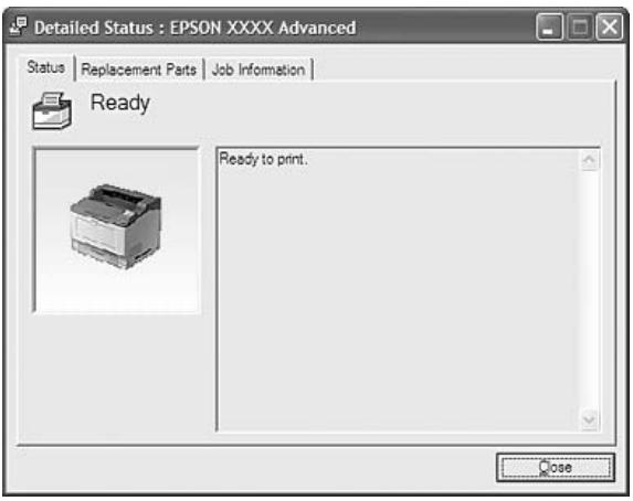 Detailed Status : EPSON XXXX Advanced Status | Replacement Parts | Job Information | Ready Ready to print. Close