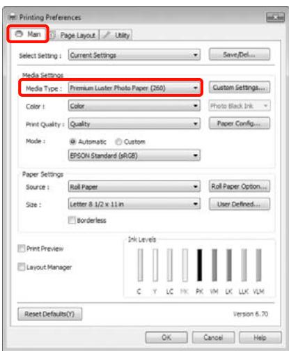 EPSON PRO 9708 - Dans l'écran Main (Principal) du pilote d'impression, Sélectionnez Media Type (Support). - 1