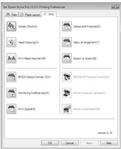 Epson Stylus Pro XXXXX Printing Preferences Main Page Layout Utility Nozzle Check(N) Head Clearing(H) Print Head Alignment(P) EPSON Status Monitor 3(W) Monitoring Preferences(M) Print Queue(S) Speed and Progress(D) Menu Arrangement(T) Export or Import(B) EPSON LFP Remote Panel 2(R) Printer Firmware Update(F) Printer Linearization(S) Version 6.70 OK Cancel Apply Help