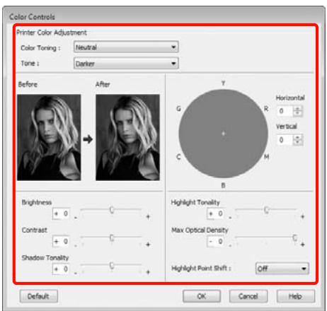 Color Controls Printer Color Adjustment Color Toning : Neutral Tone : Darker Before After G Horizontal 0 + Vertical 0 C M B Brightness + 0 - Contrast + 0 + Shadow TOnality + 0 + Highlight TOnality + 0 + Max Optical Density - 0 + Highlight Point Shift : OFF Default OK Cancel Help