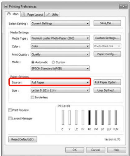 EPSON PRO 9890 - Sélectionnez Roll Paper (Papier rouleau) ou Roll Paper (Banner) (Papier rouleau (Bannière)) dans la liste Source. - 1