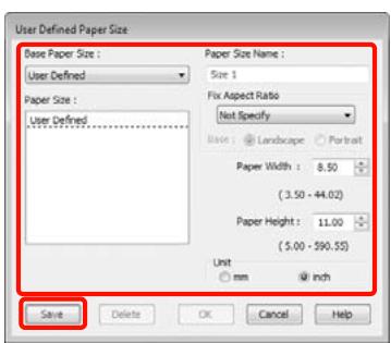 User Defined Paper Size Base Paper Size : User Defined Paper Size : User Defined Paper Size Name : Size 1 Fix Aspect Ratio Not Specify Blend : Landscape Portrait Paper Width : 8.50 (3.50 - 44.02) Paper Height : 11.00 (5.00 - 590.55) Unit mm inch Save Delete OK Cancel Help