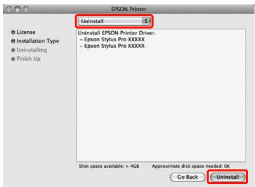 EPSON Printer Uninstall License Installation Type Uninstalling Finish Up Uninstall EPSON Printer Driver. - Epson Stylus Pro XXXXX - Epson Stylus Pro XXXXX Disk space available: > 4GB Approximate disk space needed: OK Go Back Uninstall