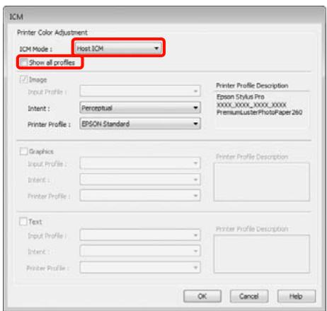 ICM Printer Color Adjustment ICM Mode : Host IOM Show all profiles Image Input Profile : Intent : Perceptual Printer Profile : EPSON Standard Printer Profile Description Epson Stylus Pro XXXX_XXXX_XXXX_XXXX PremiumClusterPhotoPaper 260 Graphics Input Profile : Intent : Printer Profile : Printer Profile Description Text Input Profile : Intent : Printer Profile : Printer Profile Description OK Cancel Help